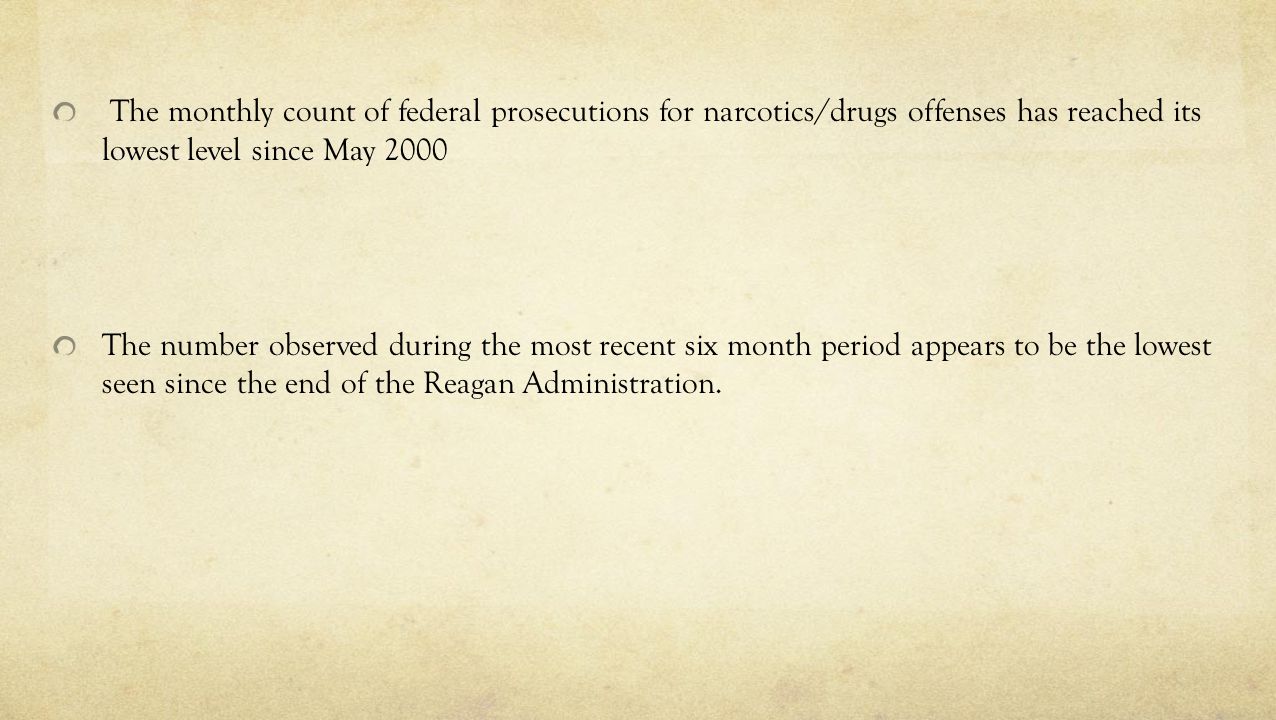 The monthly count of federal prosecutions for narcotics/drugs offenses has reached its lowest level since May 2000