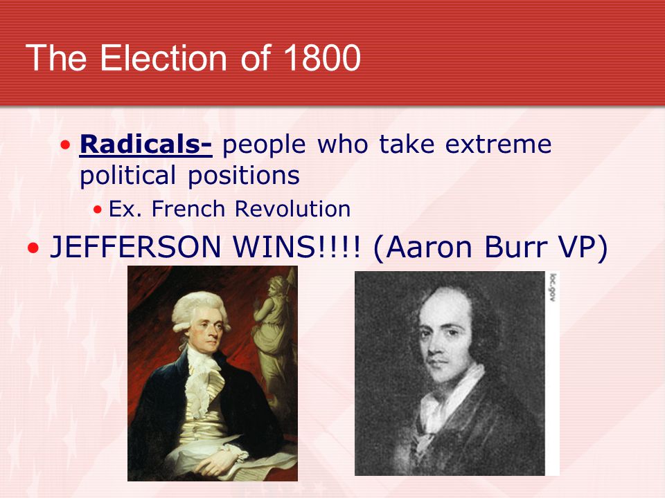 The Election of 1800 JEFFERSON WINS!!!! (Aaron Burr VP)