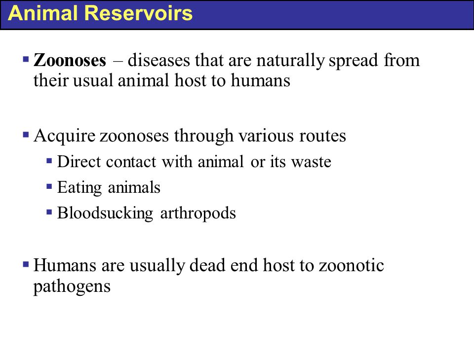 Animal Reservoirs Zoonoses – diseases that are naturally spread from their usual animal host to humans.