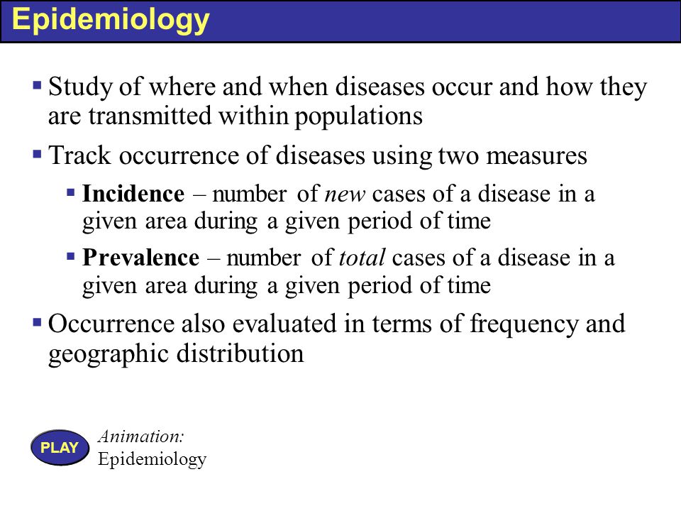 Epidemiology Study of where and when diseases occur and how they are transmitted within populations.