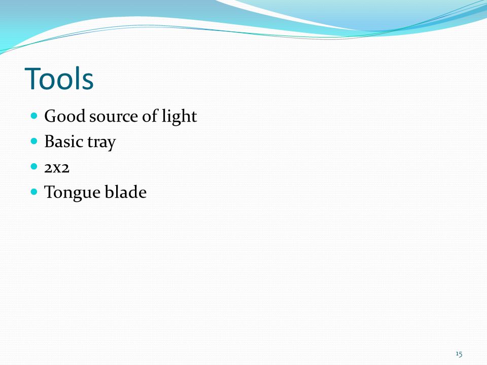 Tools Good source of light Basic tray 2x2 Tongue blade