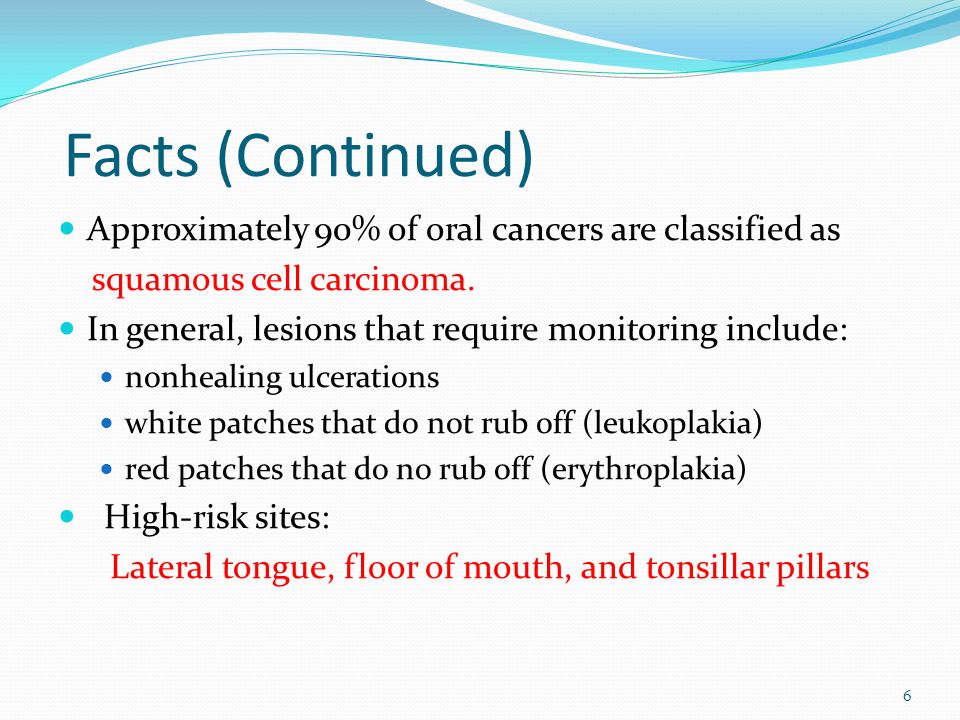 Facts (Continued) Approximately 90% of oral cancers are classified as