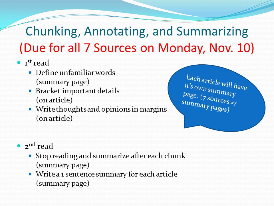 Chunking, Annotating, and Summarizing (Due for all 7 Sources on Monday, Nov. 10)