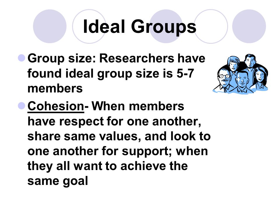Ideal Groups Group size: Researchers have found ideal group size is 5-7 members.