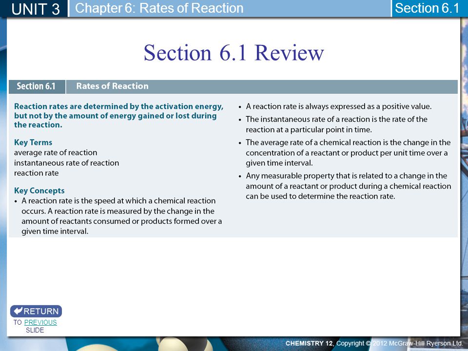 Section 6.1 Review UNIT 3 Chapter 6: Rates of Reaction Section 6.1