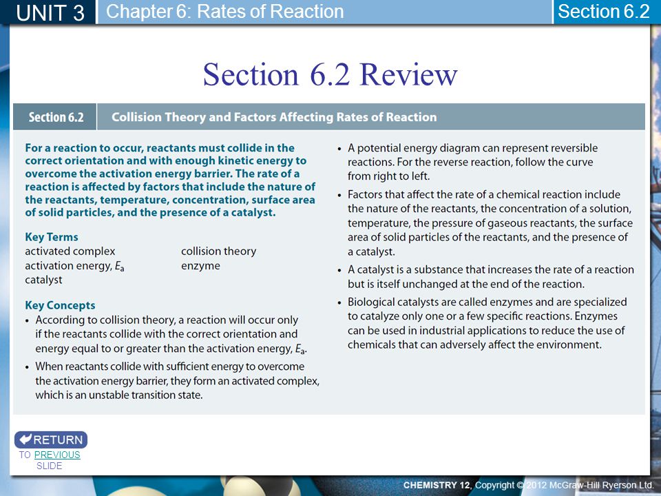 Section 6.2 Review UNIT 3 Chapter 6: Rates of Reaction Section 6.2
