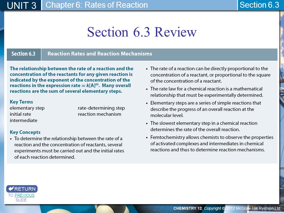 Section 6.3 Review UNIT 3 Chapter 6: Rates of Reaction Section 6.3