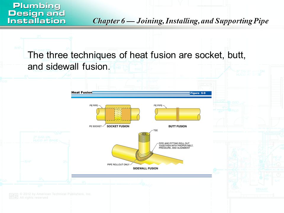 The three techniques of heat fusion are socket, butt, and sidewall fusion.