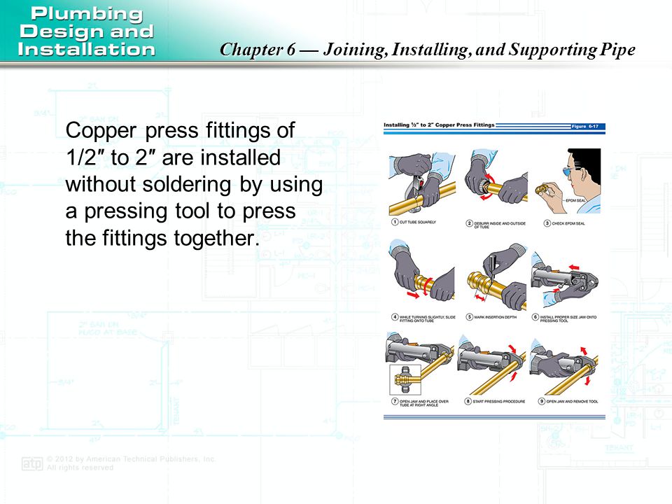 Copper press fittings of 1/2″ to 2″ are installed without soldering by using a pressing tool to press the fittings together.