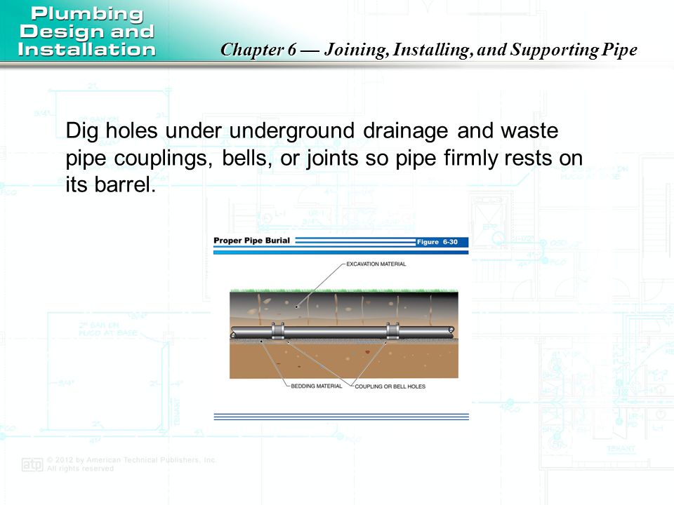 Dig holes under underground drainage and waste pipe couplings, bells, or joints so pipe firmly rests on its barrel.