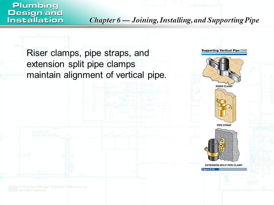 Riser clamps, pipe straps, and extension split pipe clamps maintain alignment of vertical pipe.