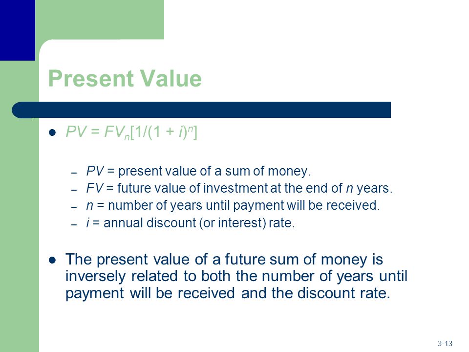 Present Value PV = FVn[1/(1 + i)n]