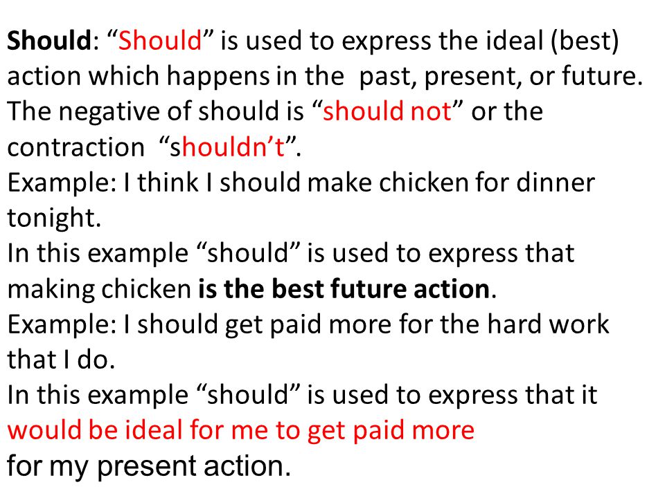 Should: Should is used to express the ideal (best) action which happens in the past, present, or future. The negative of should is should not or the contraction shouldn’t .