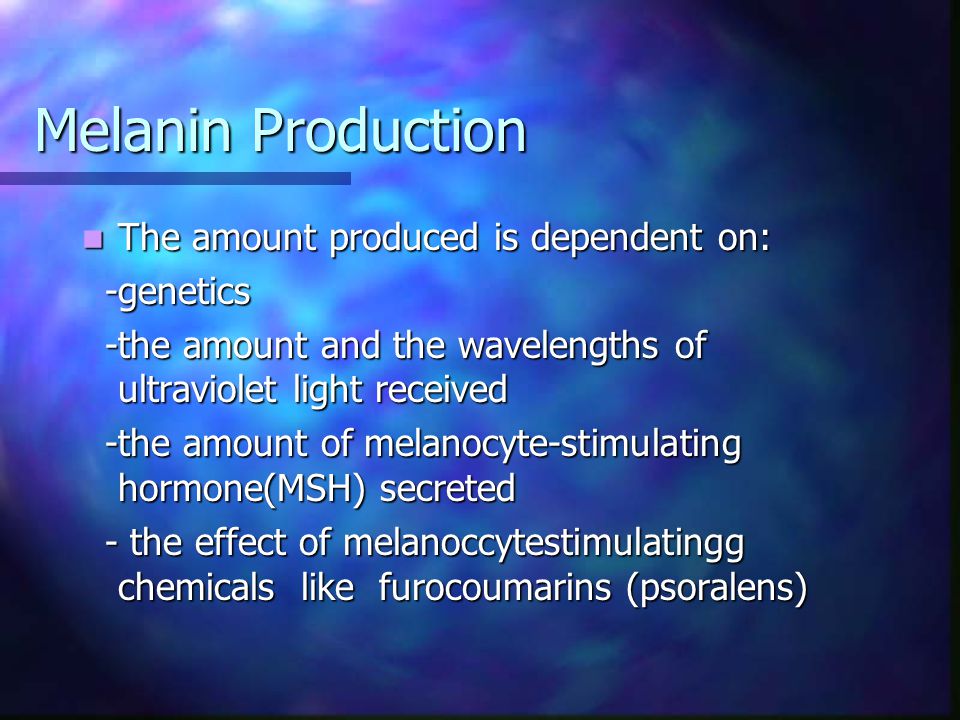 Melanin Production The amount produced is dependent on: -genetics