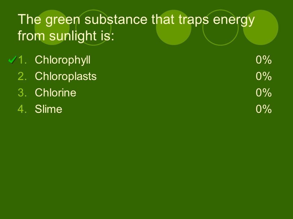 The green substance that traps energy from sunlight is:
