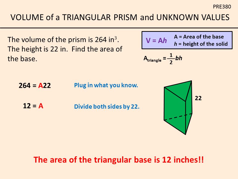 The area of the triangular base is 12 inches!!