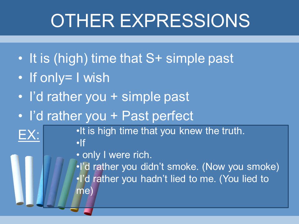 OTHER EXPRESSIONS It is (high) time that S+ simple past