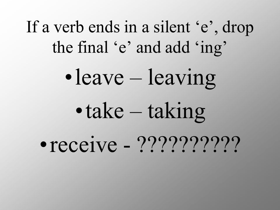 If a verb ends in a silent ‘e’, drop the final ‘e’ and add ‘ing’
