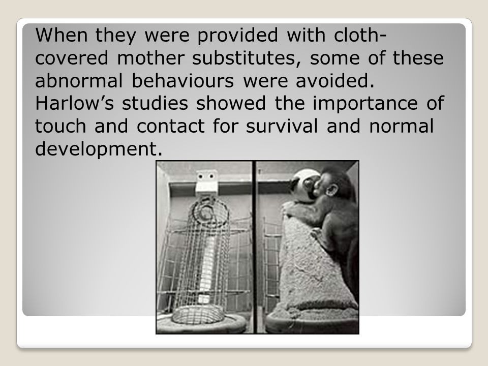 When they were provided with cloth- covered mother substitutes, some of these abnormal behaviours were avoided.