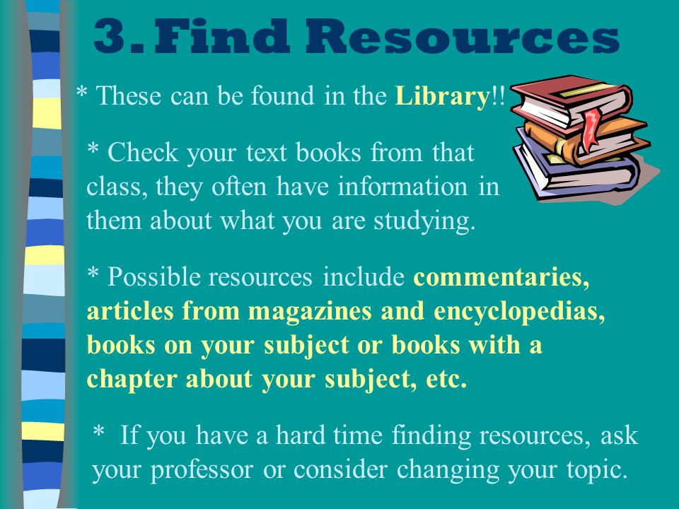 3. Find Resources * These can be found in the Library!!