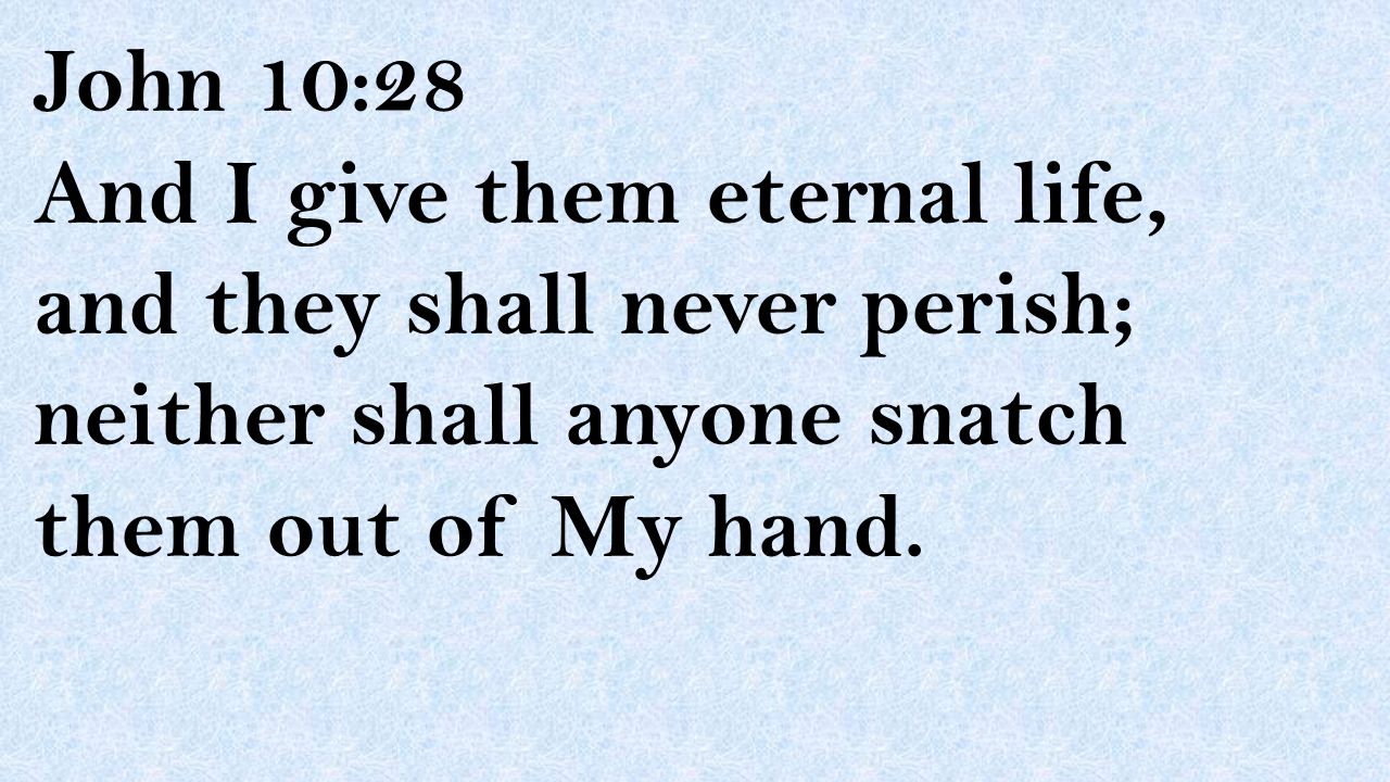 John 10:28 And I give them eternal life, and they shall never perish; neither shall anyone snatch them out of My hand.