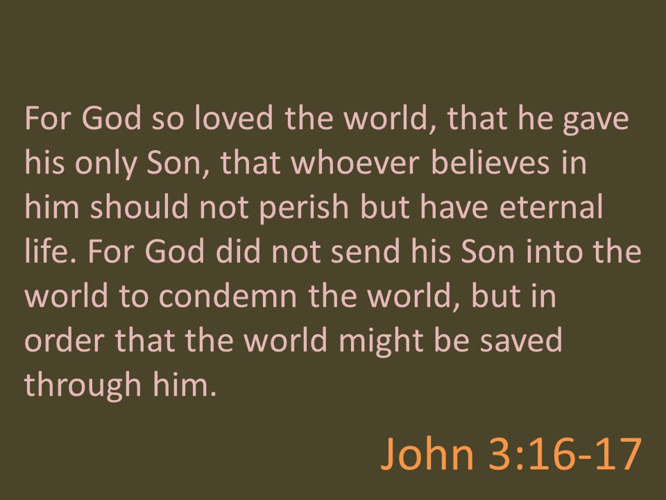 For God so loved the world, that he gave his only Son, that whoever believes in him should not perish but have eternal life. For God did not send his Son into the world to condemn the world, but in order that the world might be saved through him.