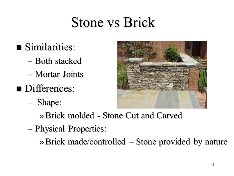 Stone vs Brick Similarities: Differences: Both stacked Mortar Joints