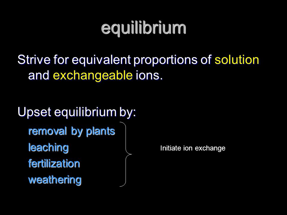 equilibrium Strive for equivalent proportions of solution and exchangeable ions. Upset equilibrium by: