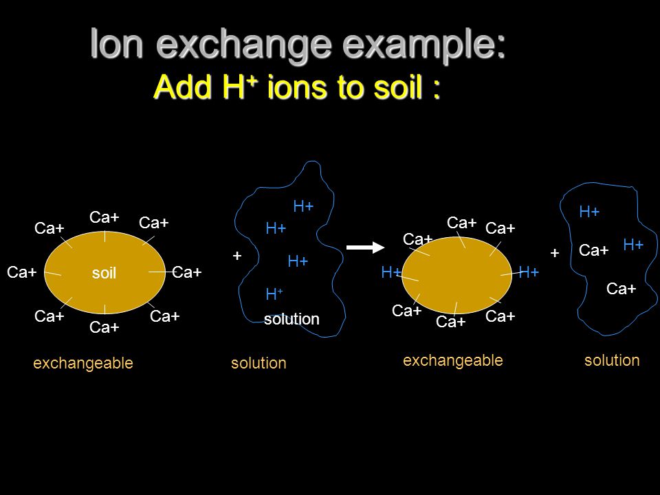 Ion exchange example: Add H+ ions to soil :