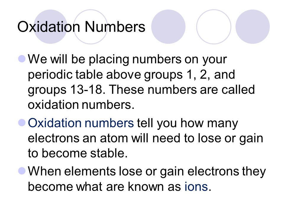 Oxidation Numbers We will be placing numbers on your periodic table above groups 1, 2, and groups These numbers are called oxidation numbers.