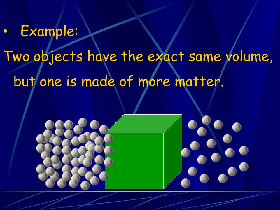 Example: Two objects have the exact same volume, but one is made of more matter.