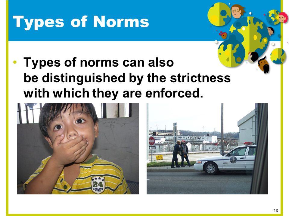 Types of Norms Types of norms can also be distinguished by the strictness with which they are enforced.