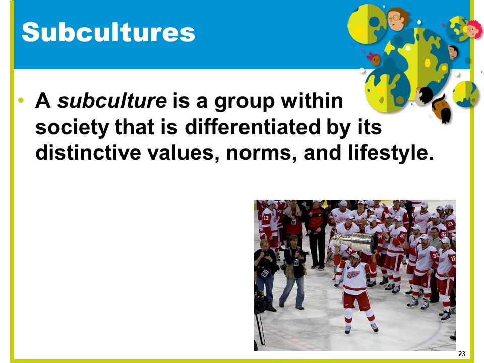 Subcultures A subculture is a group within society that is differentiated by its distinctive values, norms, and lifestyle.