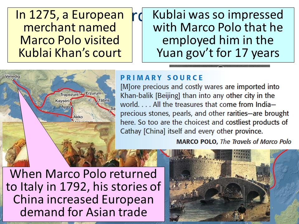 Marco Polo In 1275, a European merchant named Marco Polo visited Kublai Khan’s court.