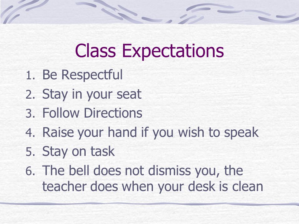 Class Expectations Be Respectful Stay in your seat Follow Directions