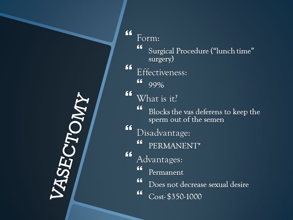 VASECTOMY Form: Effectiveness: What is it Disadvantage: Advantages:
