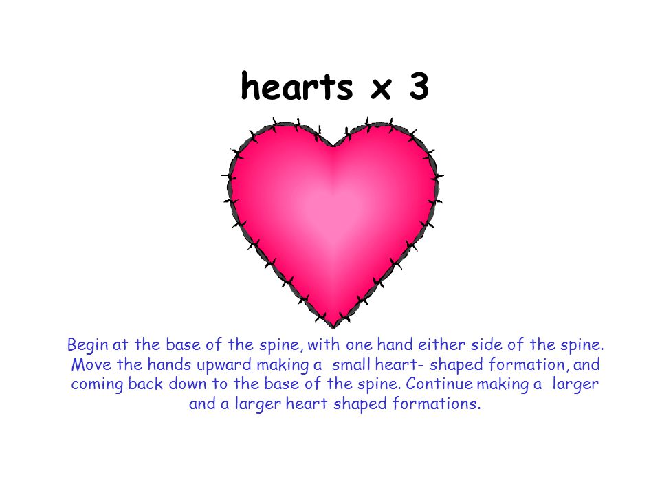 hearts x 3 Begin at the base of the spine, with one hand either side of the spine.