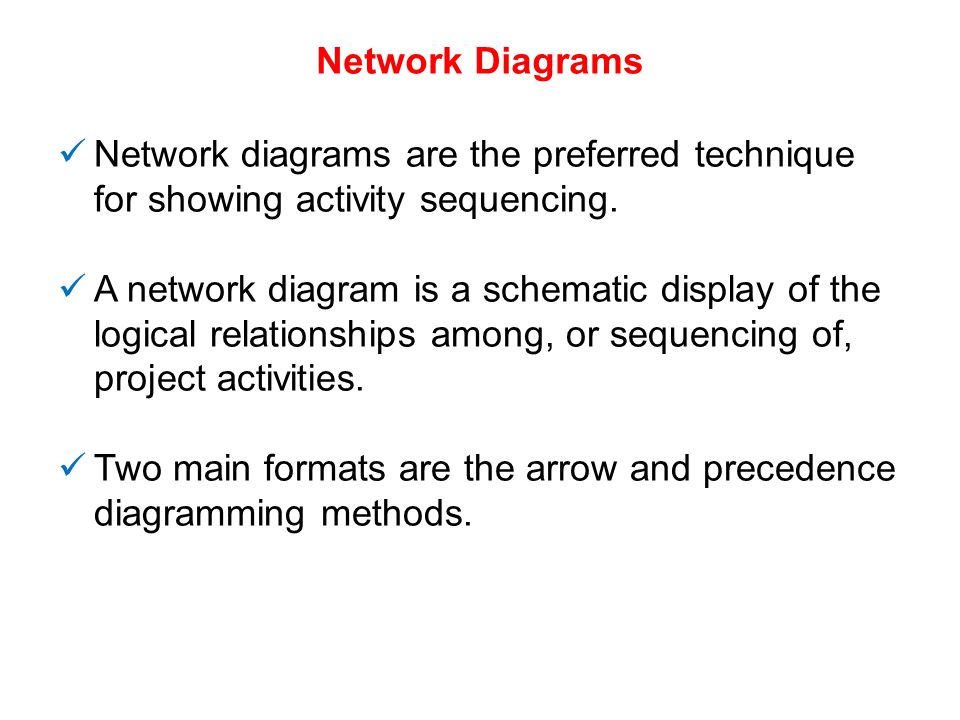 Network Diagrams Network diagrams are the preferred technique for showing activity sequencing.