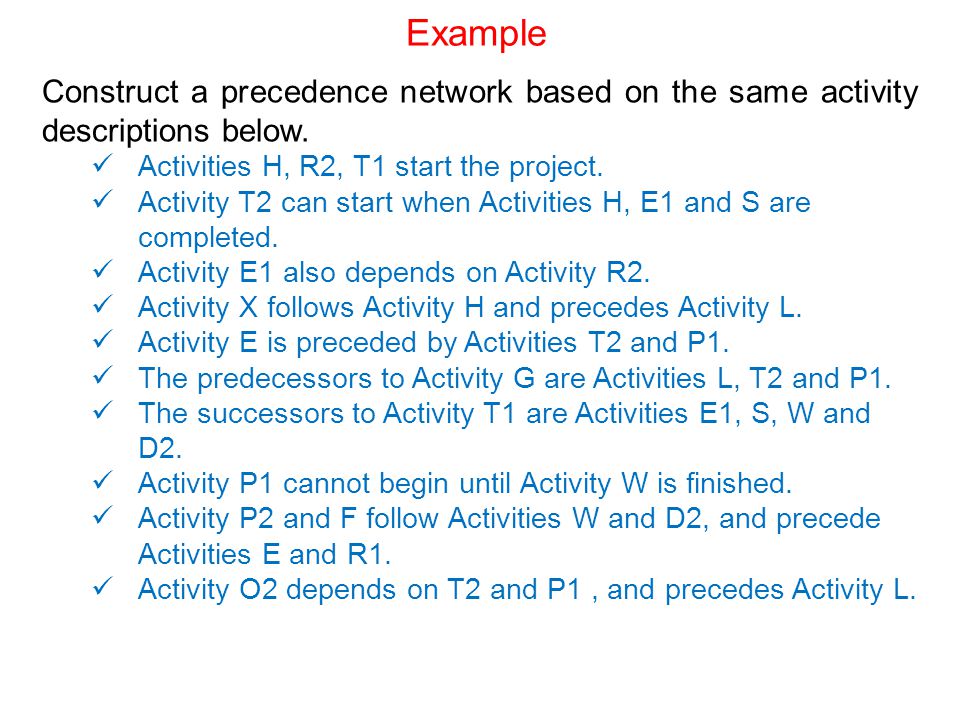 Example Construct a precedence network based on the same activity descriptions below. Activities H, R2, T1 start the project.