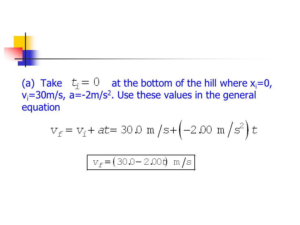 (a). Take at the bottom of the hill where xi=0, vi=30m/s, a=-2m/s2