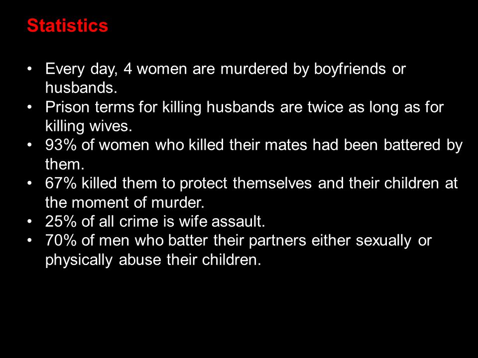 Statistics Every day, 4 women are murdered by boyfriends or husbands.