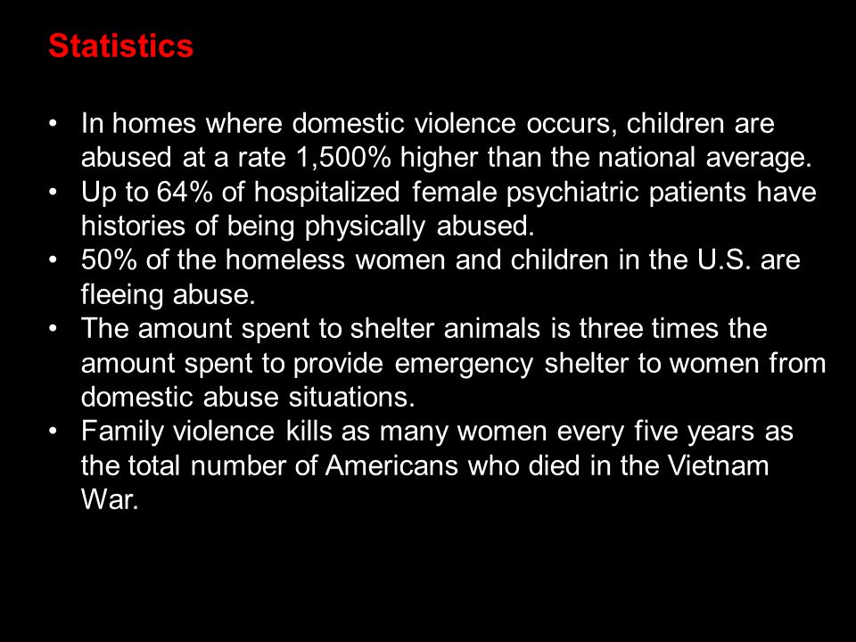 Statistics In homes where domestic violence occurs, children are abused at a rate 1,500% higher than the national average.