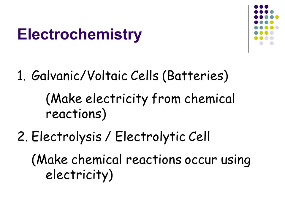 Electrochemistry Galvanic/Voltaic Cells (Batteries)