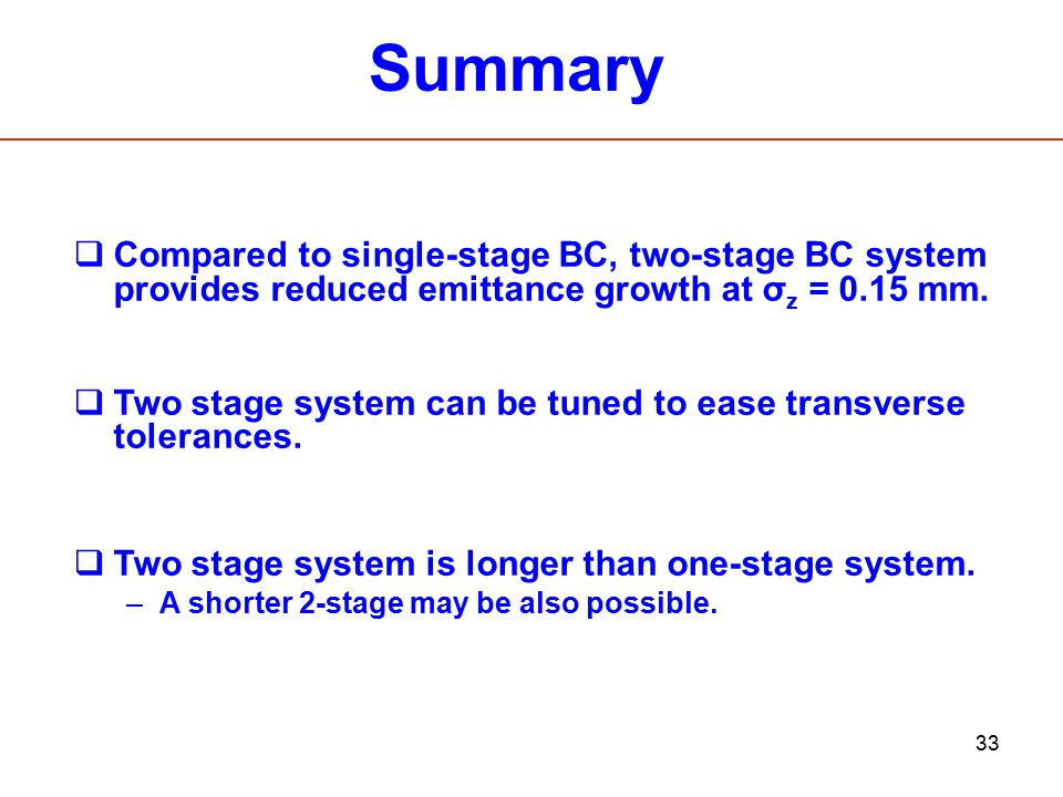 Summary Compared to single-stage BC, two-stage BC system provides reduced emittance growth at σz = 0.15 mm.