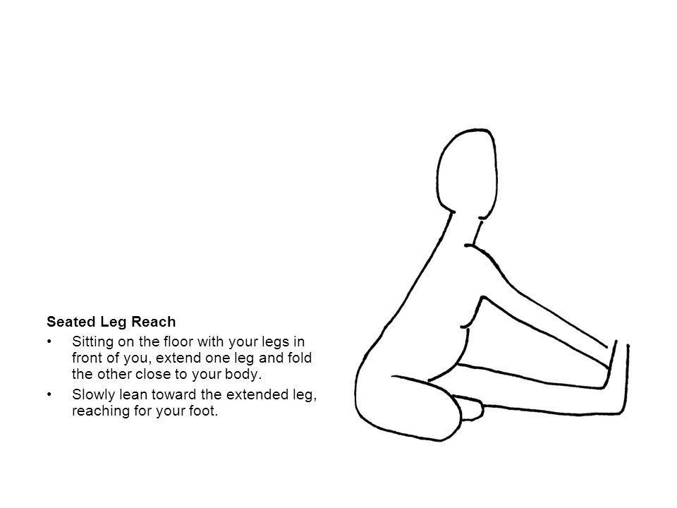 Seated Leg Reach Sitting on the floor with your legs in front of you, extend one leg and fold the other close to your body.