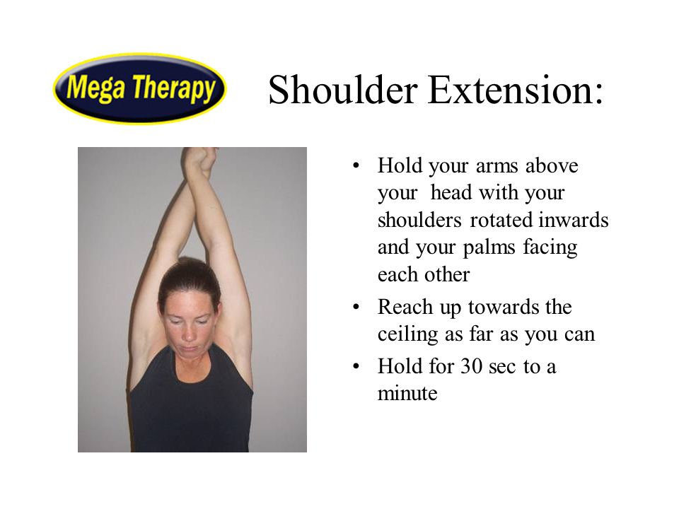 Shoulder Extension: Hold your arms above your head with your shoulders rotated inwards and your palms facing each other.