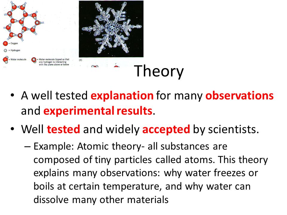 Theory A well tested explanation for many observations and experimental results. Well tested and widely accepted by scientists.