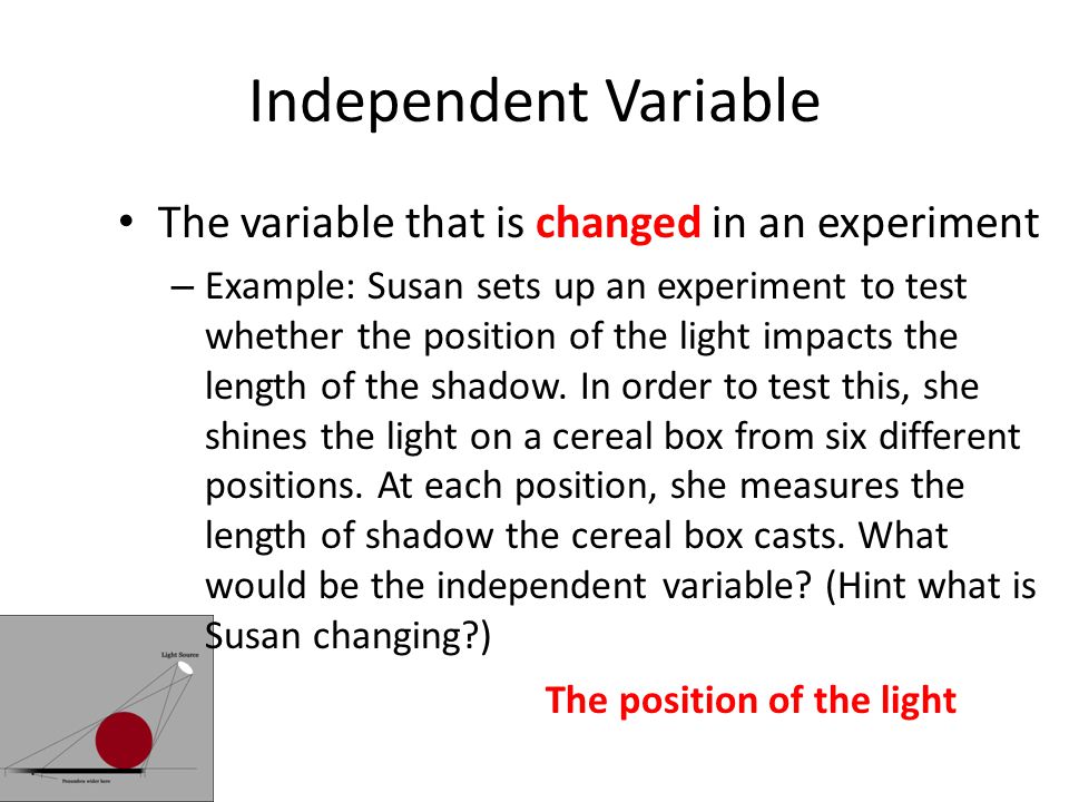 Independent Variable The variable that is changed in an experiment