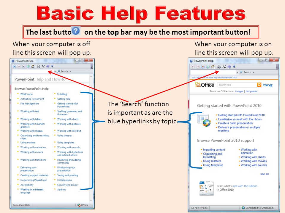 Basic Help Features The last button on the top bar may be the most important button! When your computer is off.
