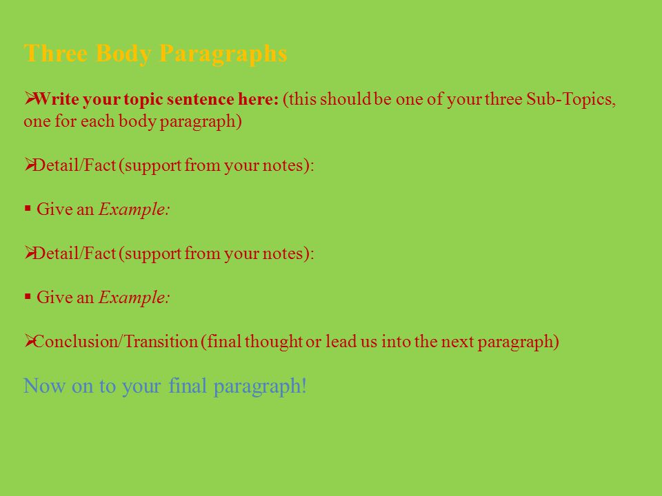 Three Body Paragraphs Now on to your final paragraph!